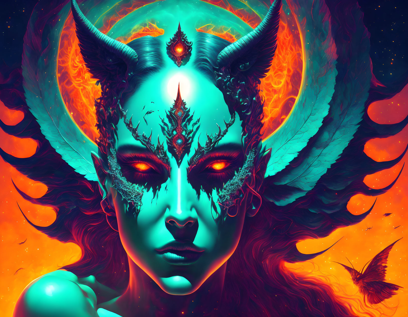 Digital art: Horned mythical being with red eyes in cosmic backdrop