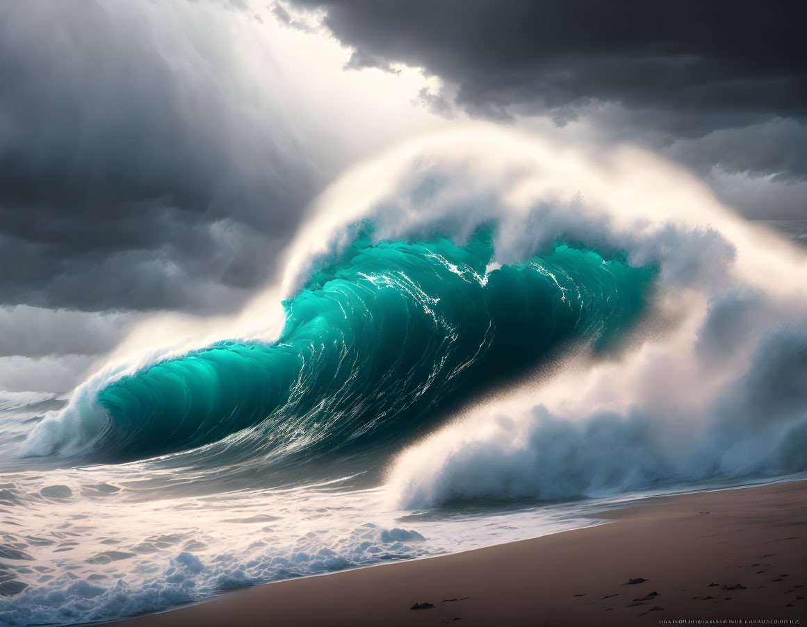 Dramatic turquoise wave crest with sunlight and mist against moody sky