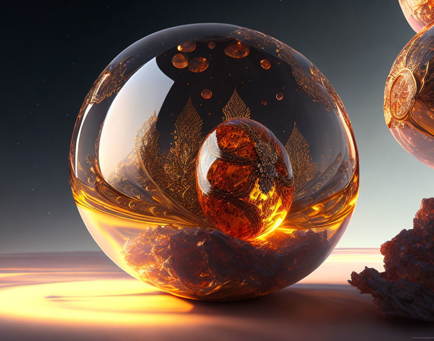 Ornate glass spheres with golden patterns on warm sunset backdrop