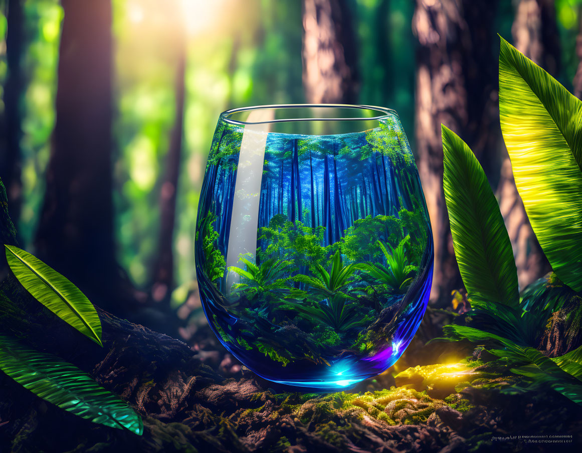 Round glass vase with lush forest scene on woody surface among green foliage