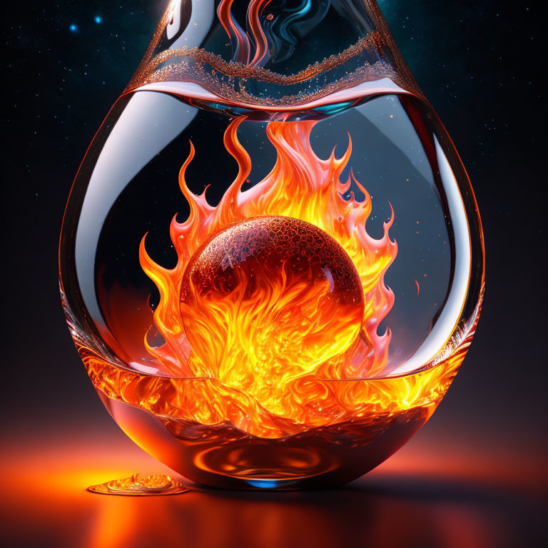 Transparent droplet with fiery orb and heat patterns on dark blue background