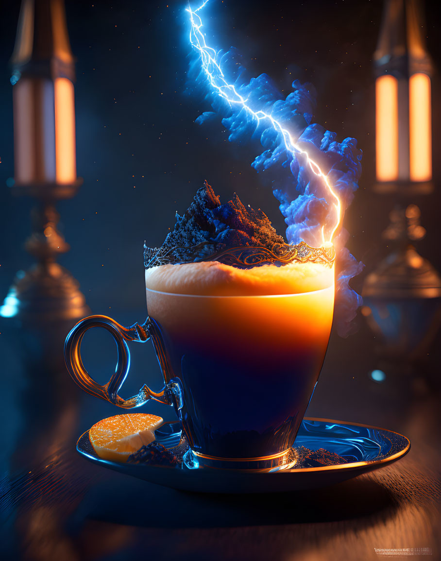 Digital artwork: Coffee cup with blue lightning in dark, moody setting