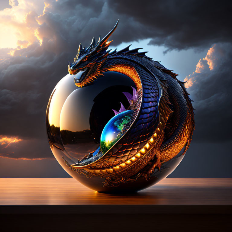 Dragon coiled around glossy orb with earth-like world inside at dusk