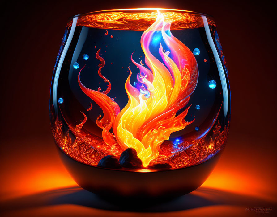 Vibrant digital artwork: Glass bowl with fiery liquid flames and blue bubbles