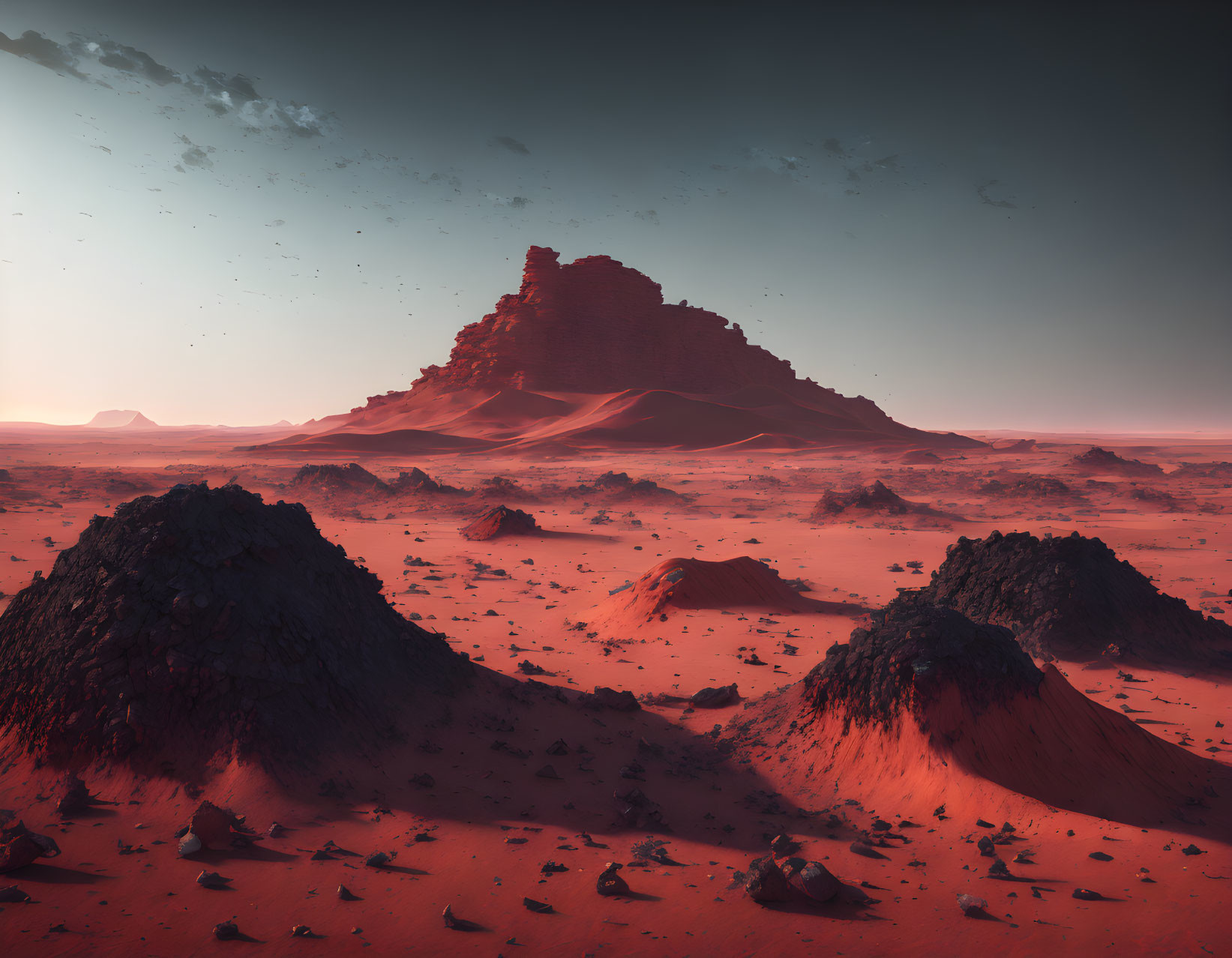 Barren Martian landscape with towering mountain and rocky outcrops