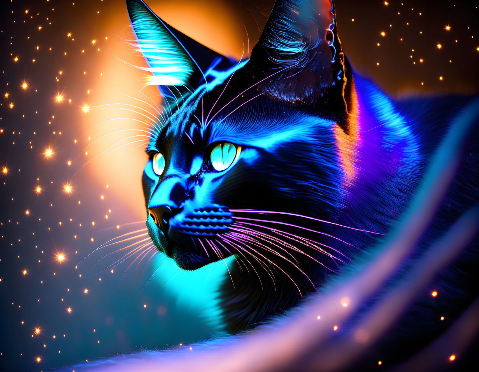 Glowing blue fur cat in fantasy backdrop with green eyes