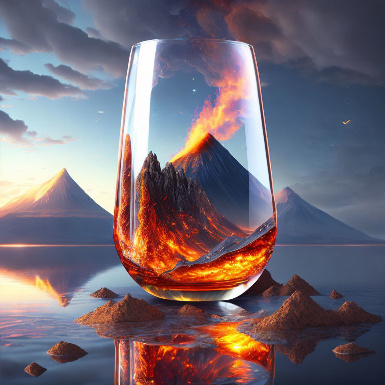 Surreal whiskey glass with erupting volcano in serene lake setting