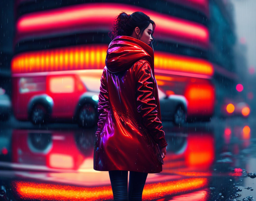 Woman in Shiny Red Jacket on Wet Street at Night