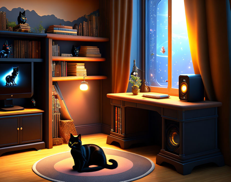 Nighttime room with warm lighting, black cat, bookshelves, TV, and starry sky