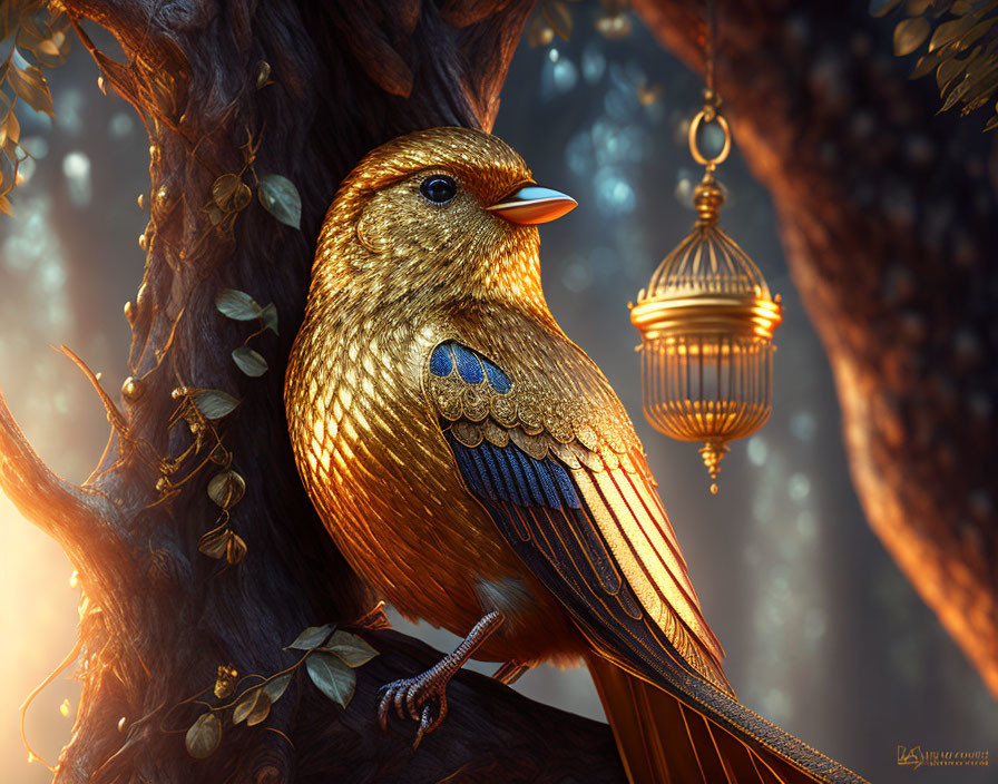 Golden bird with blue feathers on branch beside lantern in enchanted forest