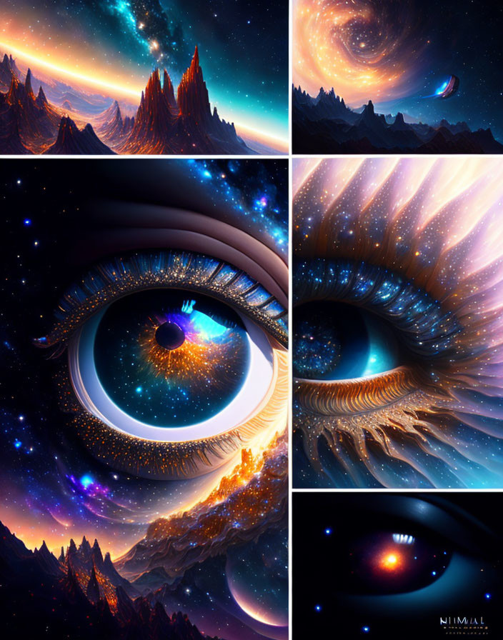 Cosmic-themed collage: mountain landscapes, starry skies, galactic eye.