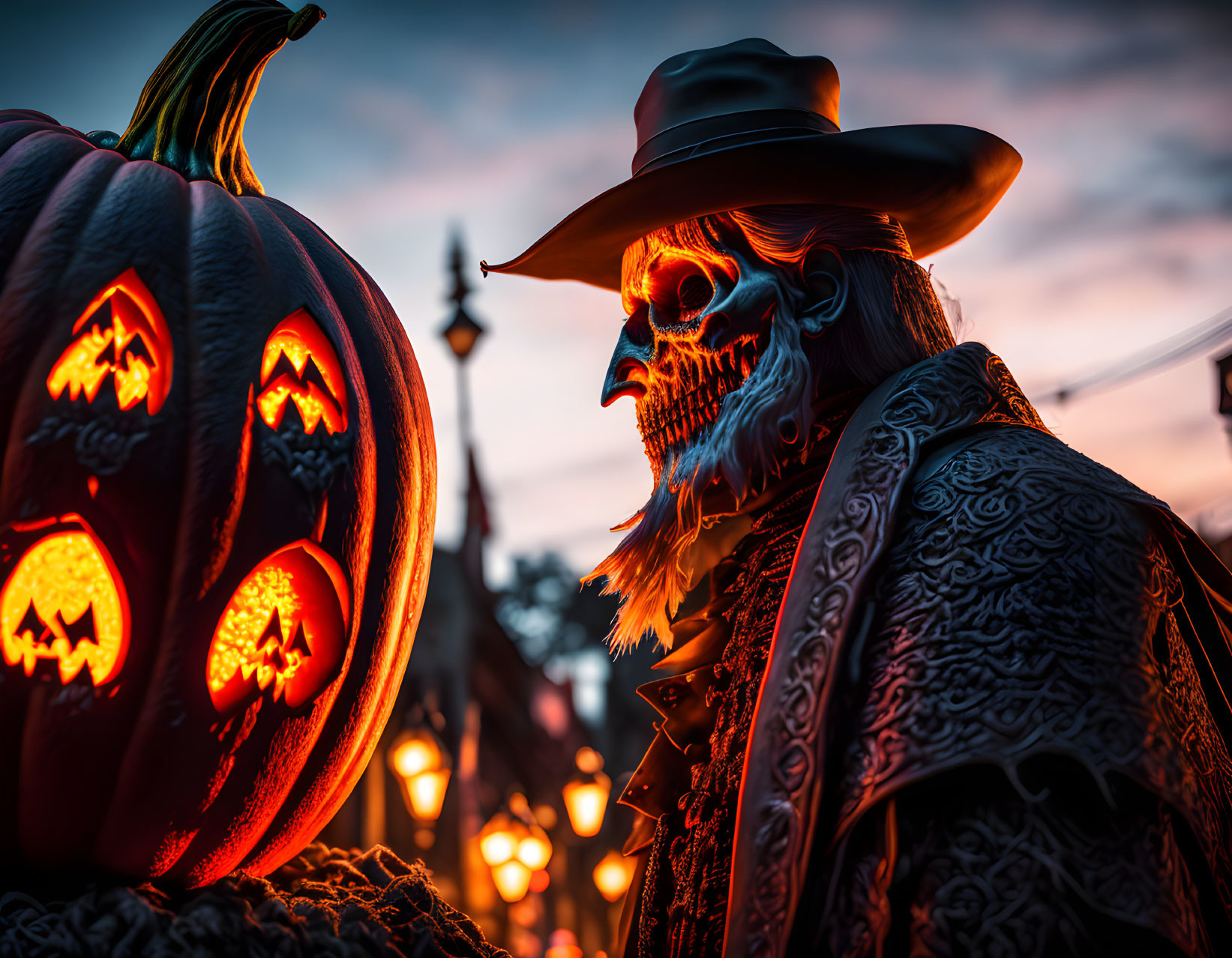 Sinister skeleton mask person next to glowing pumpkin at twilight