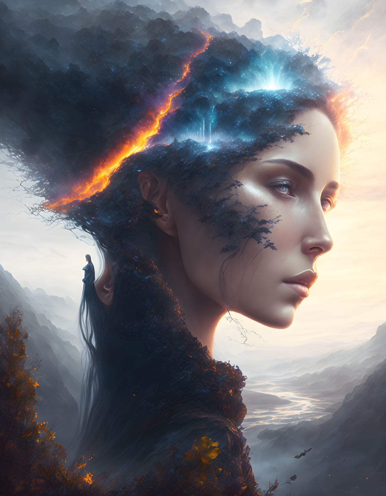 Surreal portrait blending woman's profile with cosmic landscape