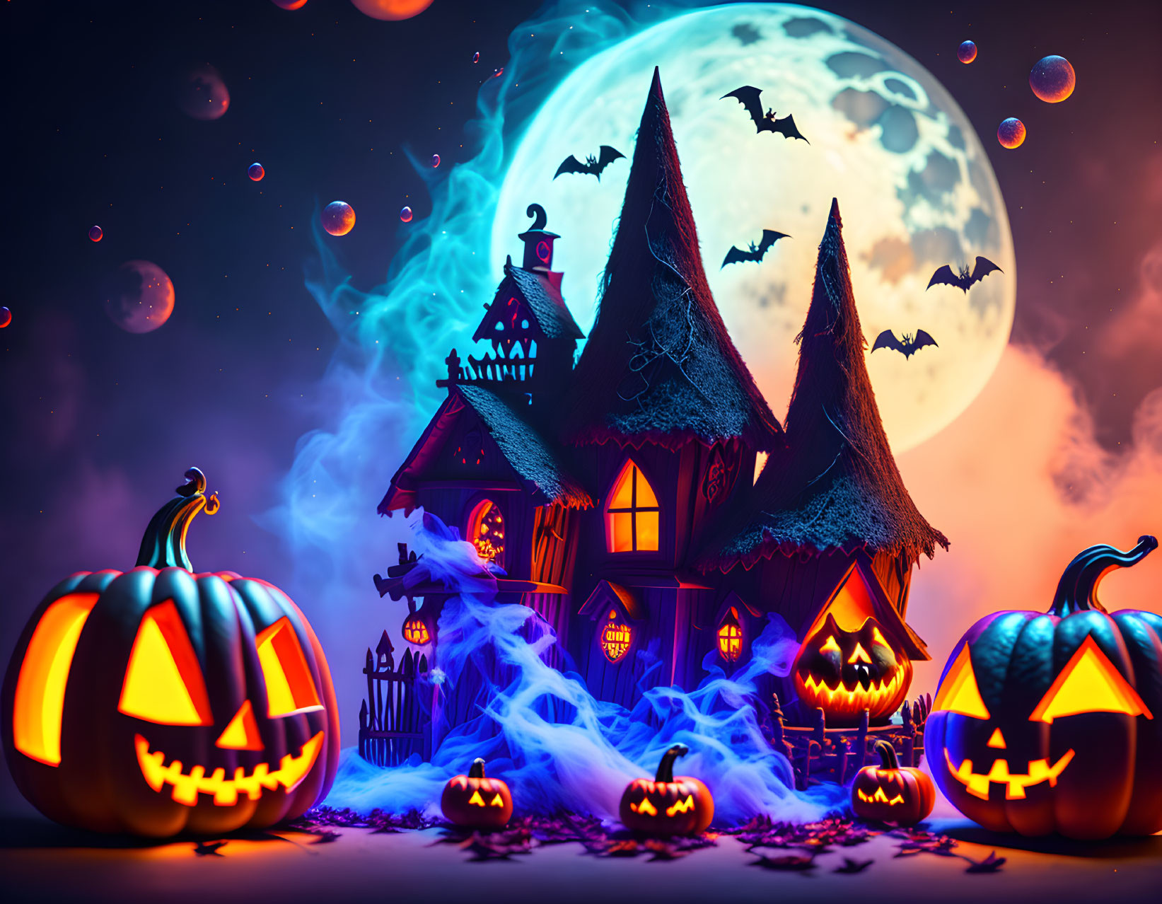 Halloween-themed image with jack-o'-lanterns, haunted house, bats, full moon,