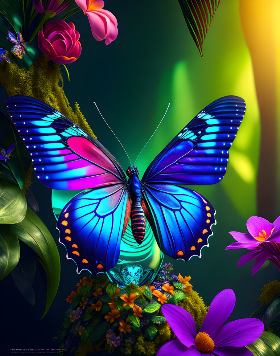 Colorful digital artwork: Blue butterfly on flowers with lush greenery