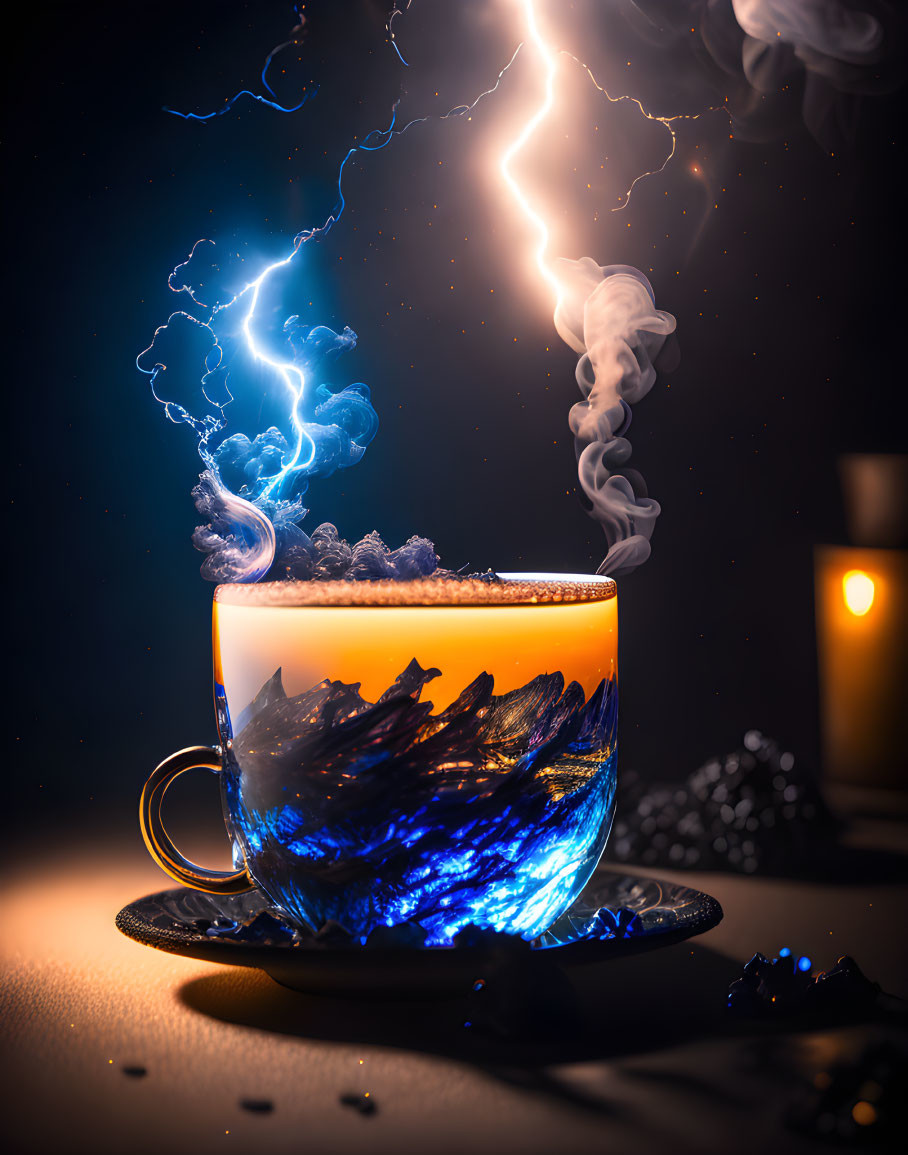 Whimsical cup with glowing blue liquid and smoke against dark background