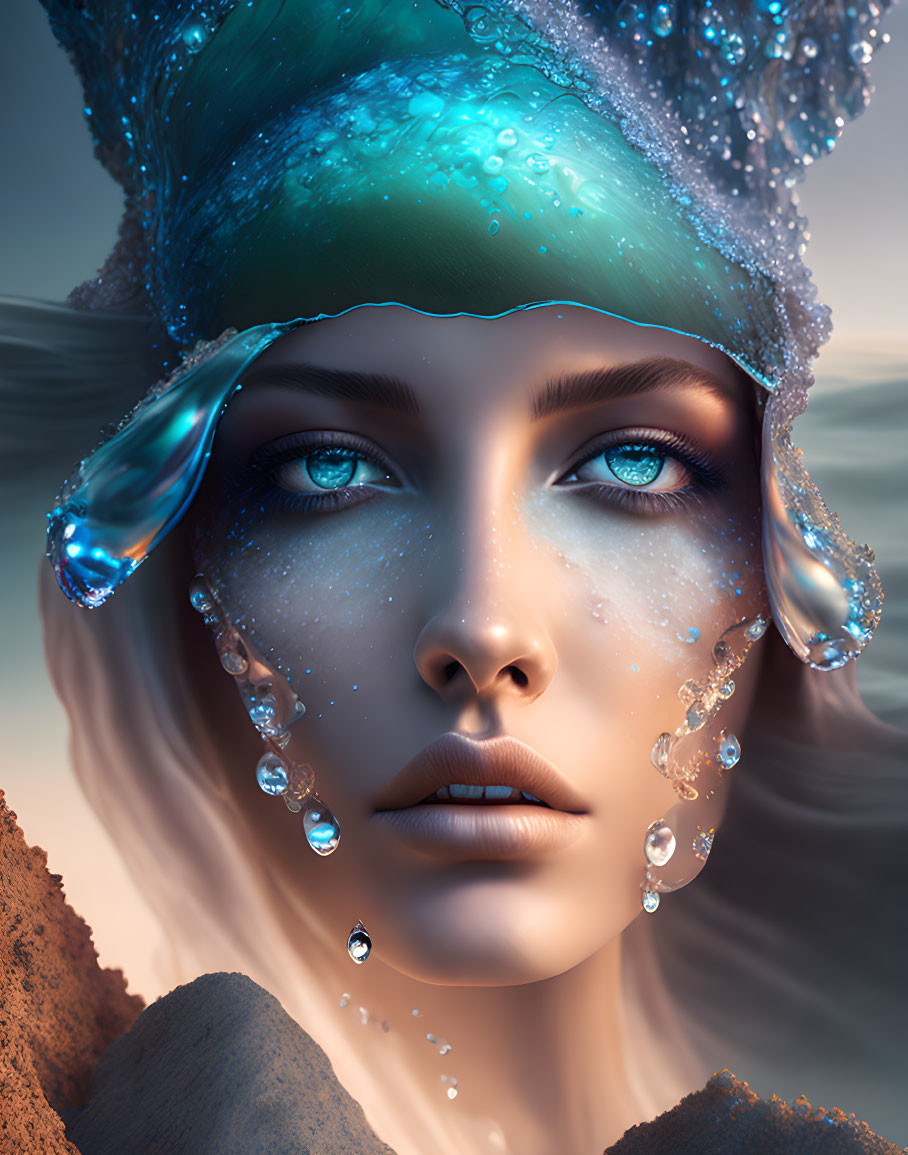 Fantasy portrait: Woman with water-themed headdress and blue eyes