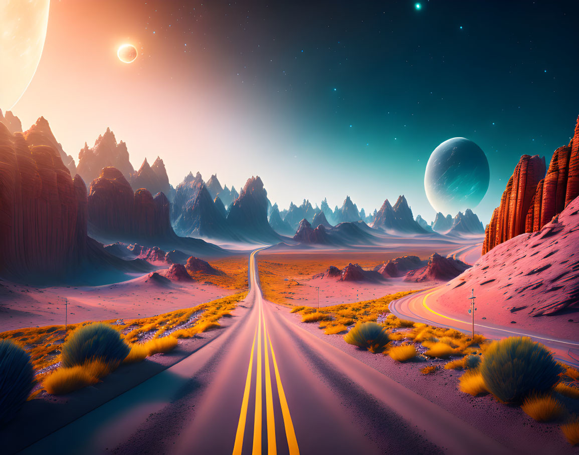 Sci-fi landscape with winding road through red rocky formations