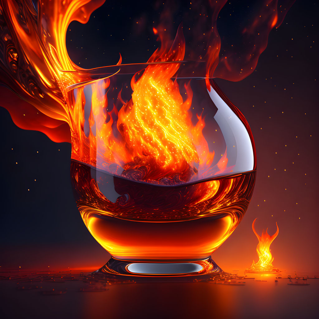 Swirling fiery liquid in transparent glass on dark background