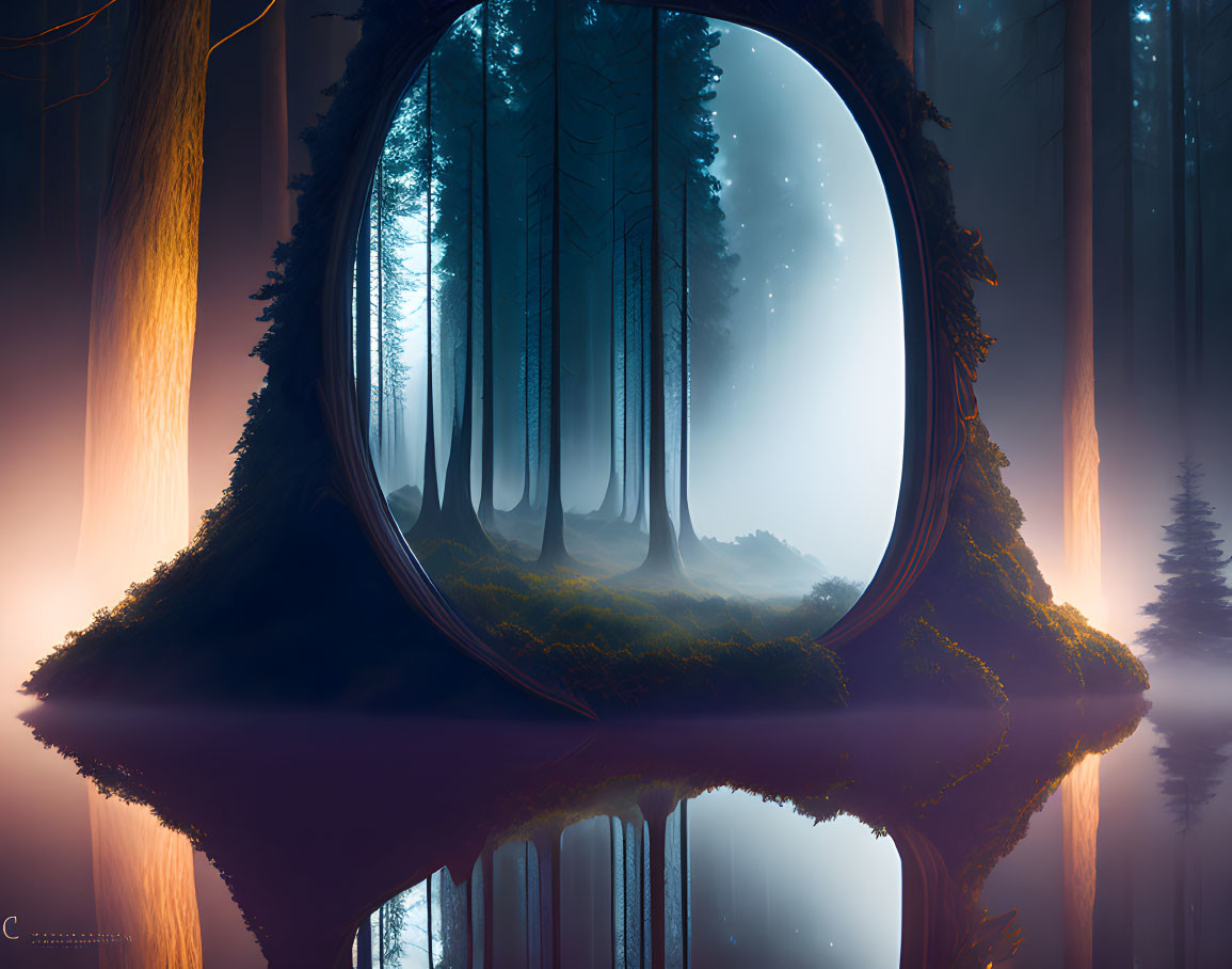 Mystical forest scene with tall foggy trees and circular mirror portal.