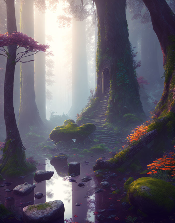 Enchanting mystical forest with towering trees and serene pond