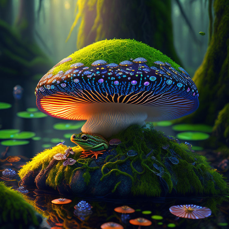 Colorful digital artwork: Frog under glowing mushroom in mystical forest