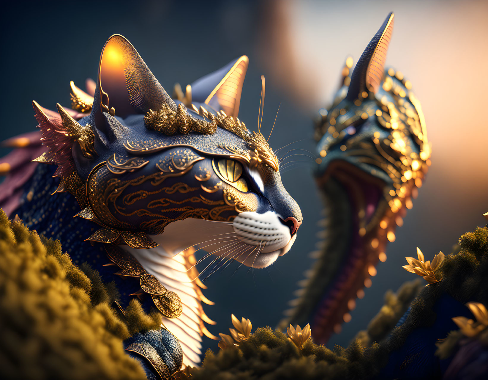 Intricate golden cat-headed creature in twilight landscape