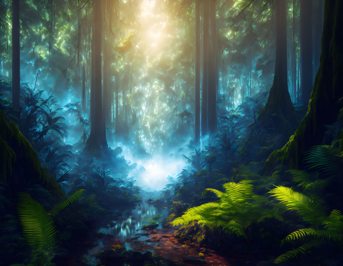 Serene mystical forest with tall trees, sunlight, brook, and lush ferns