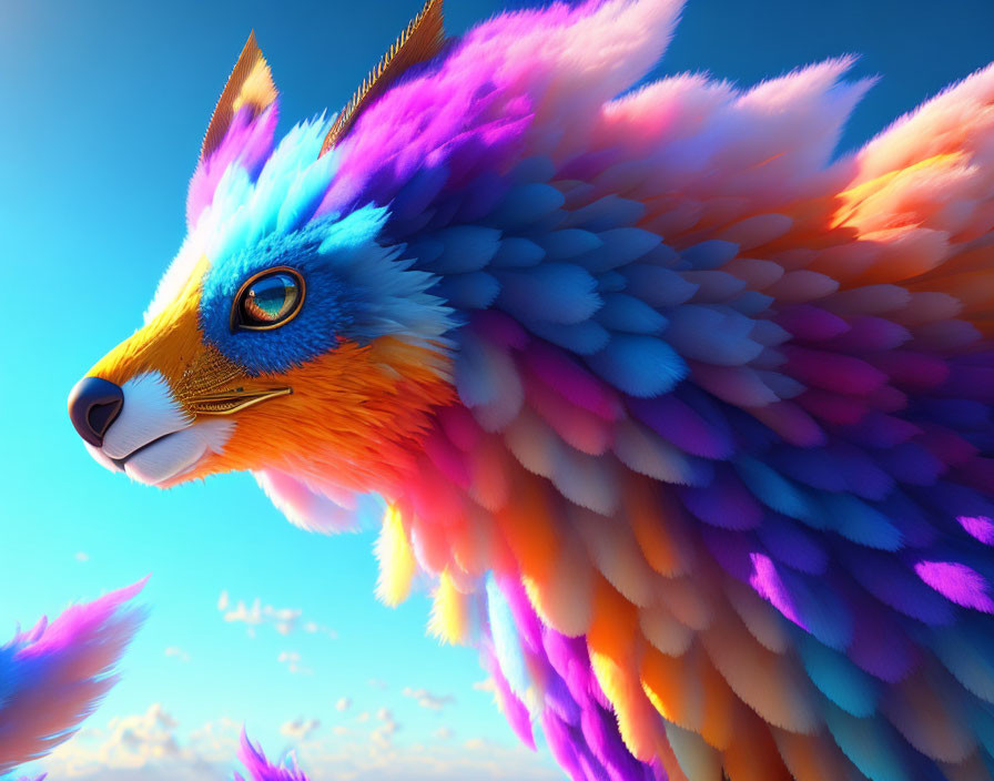 Colorful Mythical Fox-Like Creature with Plush Feathers in Blue, Purple, and Orange