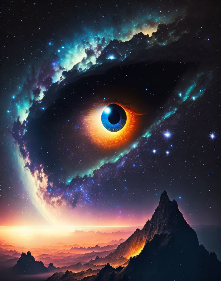 Blue iris cosmic eye galaxy overlooking mountainous landscape under starry sky