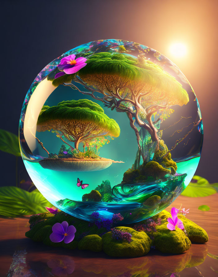 Fantasy terrarium: lush trees, mossy rocks, butterflies in glowing sphere