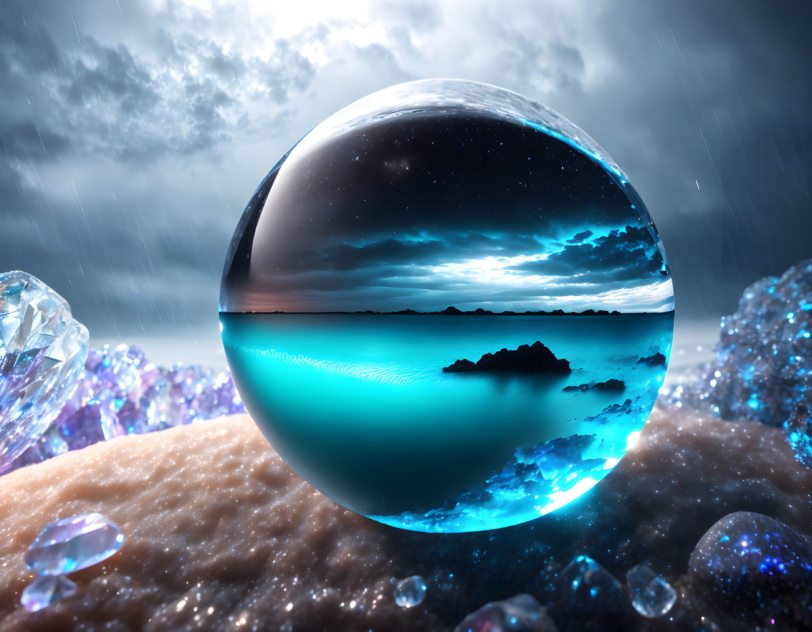 Crystal sphere reflecting serene seascape under starry sky and stormy atmosphere