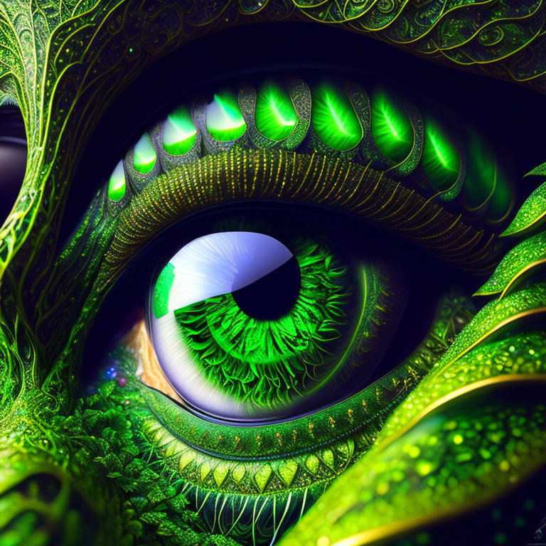 Detailed Green Reptilian Eye Artwork with Fantasy Aesthetic