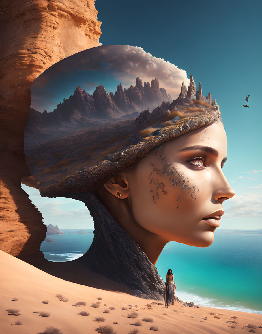 Surreal portrait of woman's head merging with mountain landscape