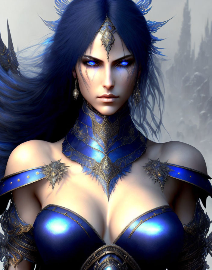 Fantasy female character with blue hair and yellow eyes in ornate armor against snowy backdrop