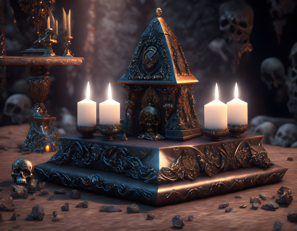 Dark mystical altar with intricate carvings, lit candles, skull, and bones.