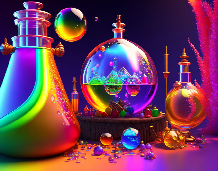 Colorful Magical Potions in Glass Containers with Orbs and Crystals