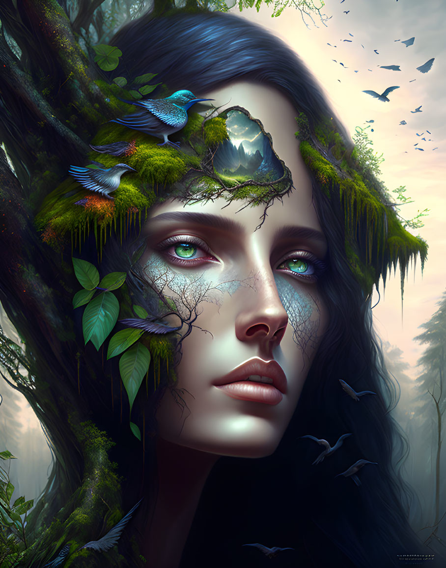 Surreal portrait of woman with forest elements in hair and skin