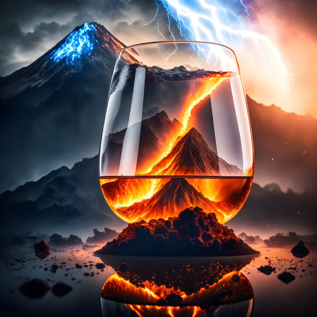 Whiskey glass with volcanic eruption, lightning, mountains, dramatic sky