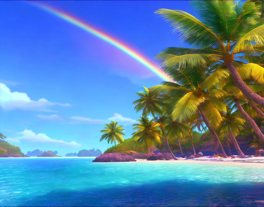 Colorful rainbow over tropical beach with palm trees and blue waters