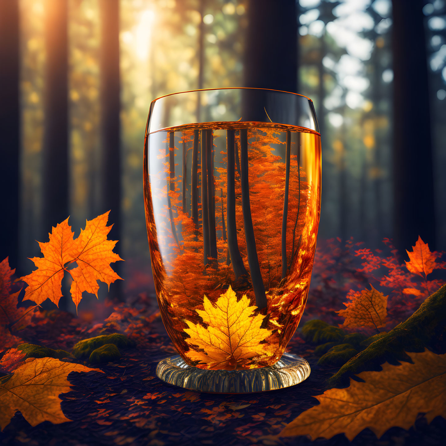 Forest reflection in glass with autumn leaves and sunbeams.