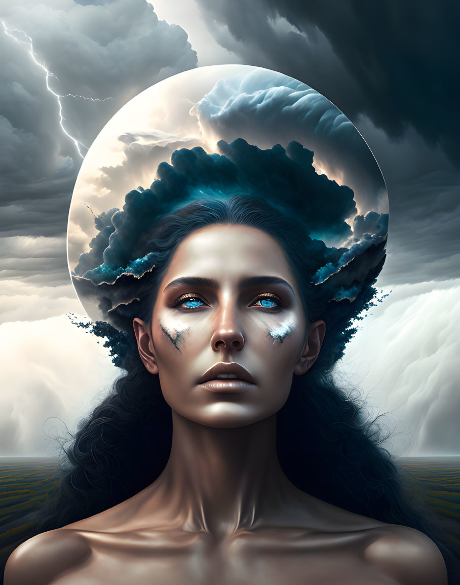 Surreal portrait of woman with storm clouds and lightning halo in dramatic sky.