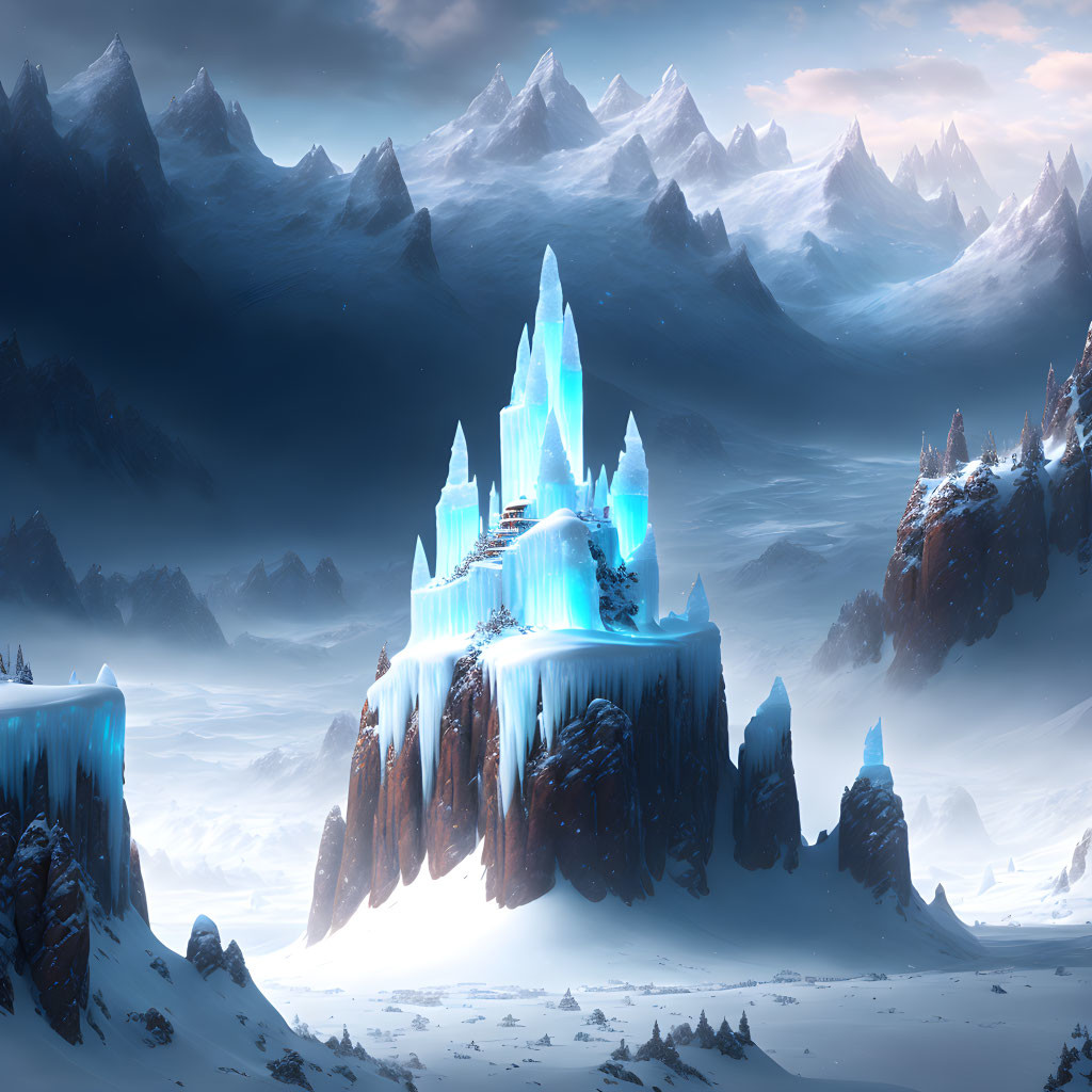 Majestic crystal ice castle in snow-covered peaks