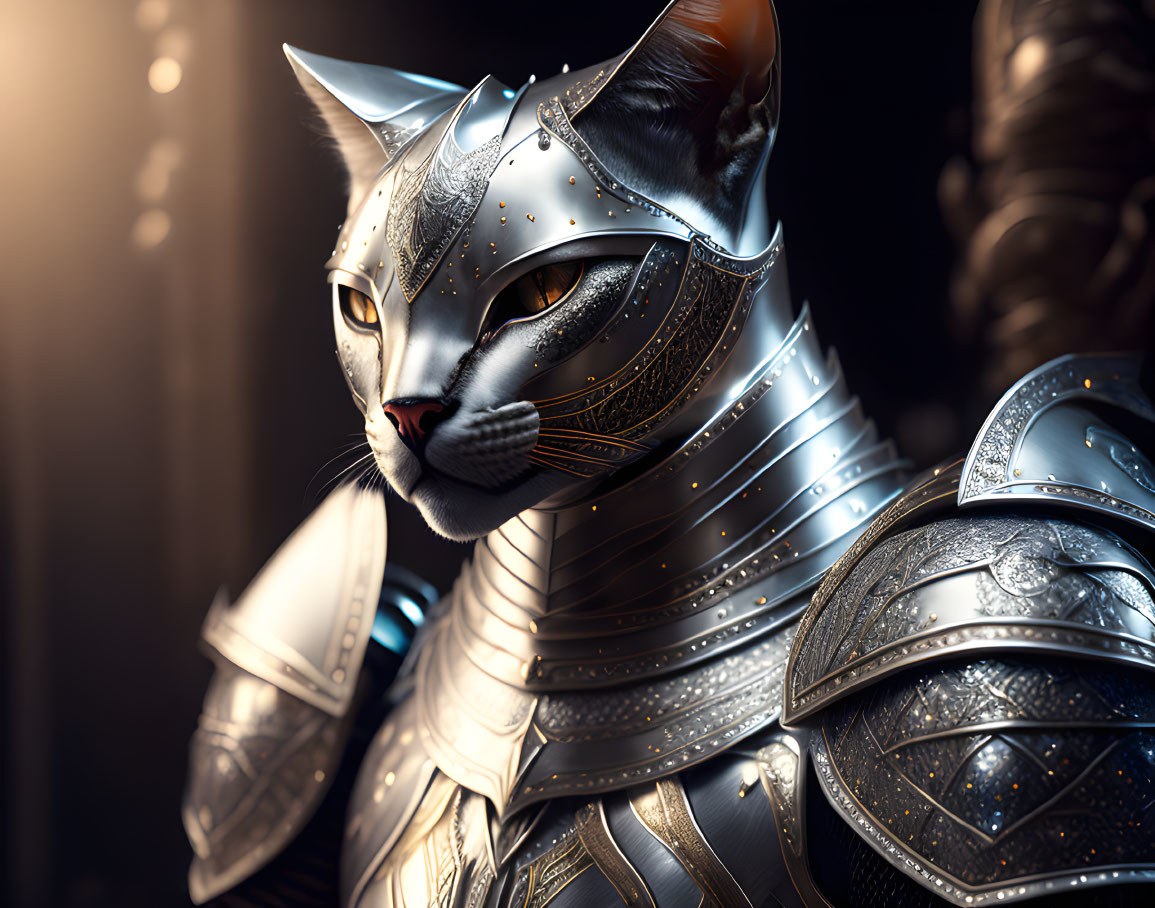 Intricate metallic armor cat art with golden accents