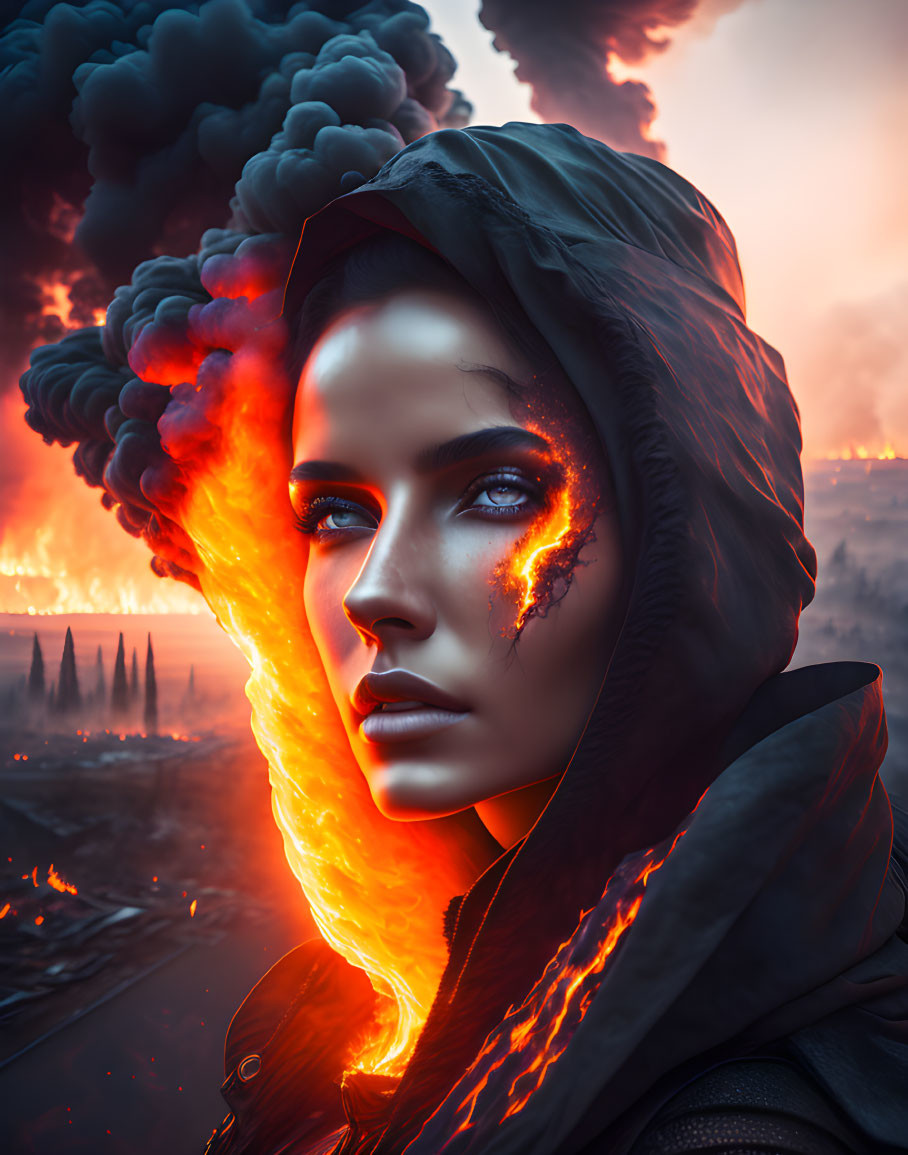 Woman with glowing lava tear in fiery destruction scene