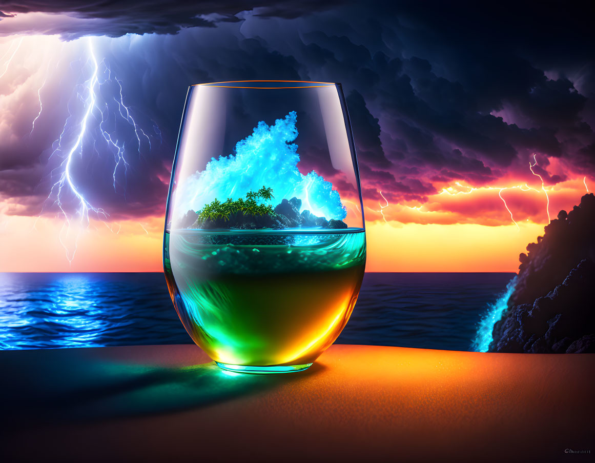 Digital art: Glass ocean scene with waves, islands, sunset sky