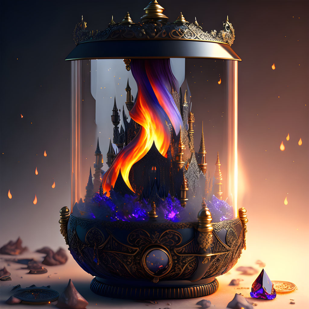 Intricate lantern with castle, flames, embers, and crystals