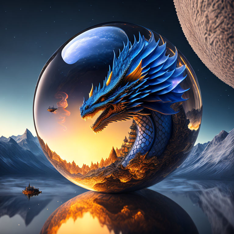 Blue dragon in transparent orb above snowy mountains & starry sky