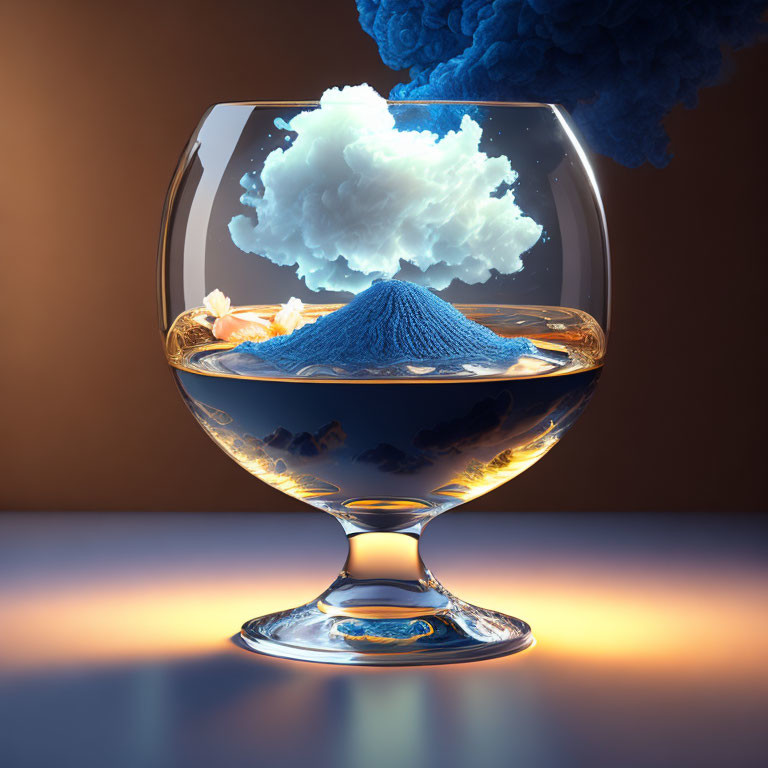 Surreal brandy glass with miniature ocean, mountain, cloud, starfish, and amber backdrop