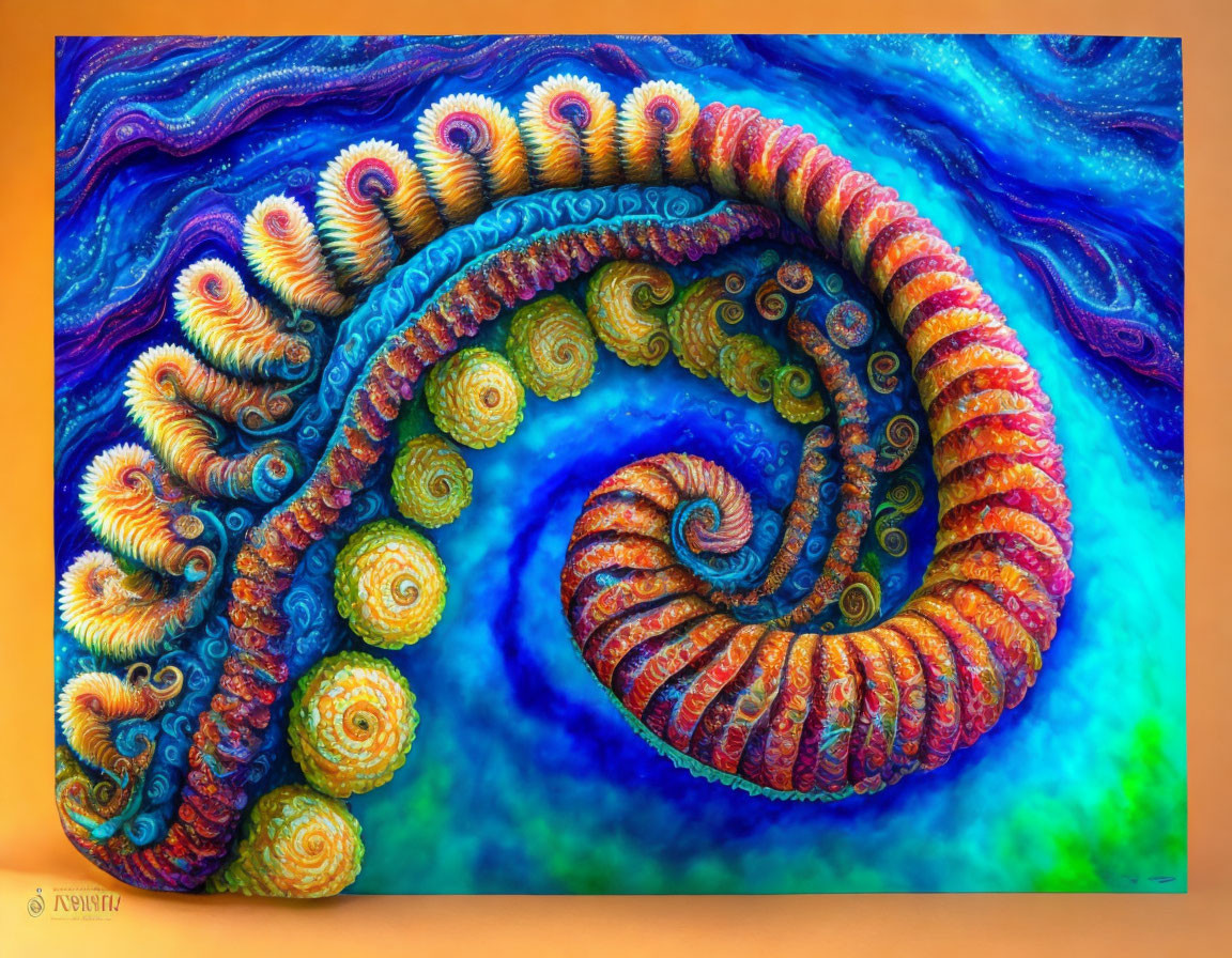 Colorful Spiral Painting with Shell-Like Patterns on Blue and Purple Background